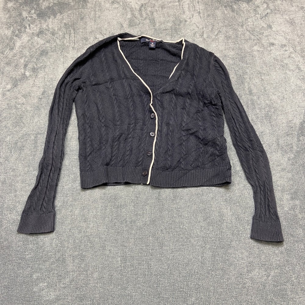 Brooks Brothers Fleece Cardigan Sweater Womens M Blue Cable Knit Button Front